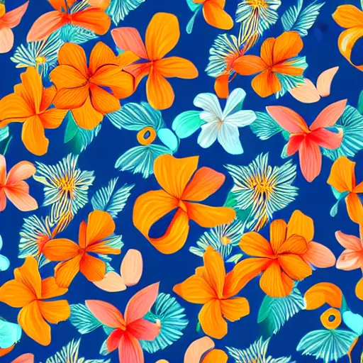 Prompt: Vector illustration of tropical flowers with multiple cohesive colors ranging from warms blues to bright oranges on a dark background, 4K resolution, digital art