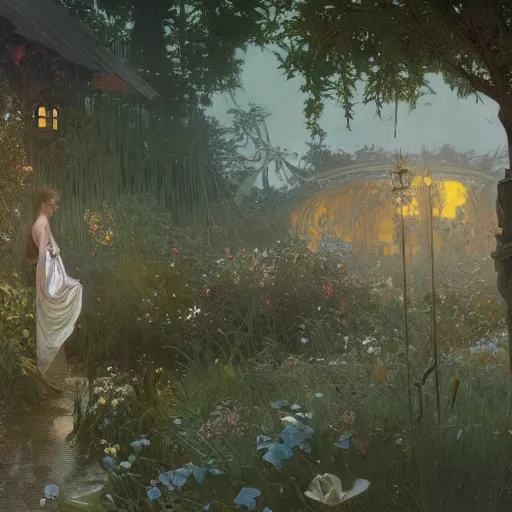 Image similar to Concept art, A garden at dusk, 8k, alphonse mucha, james gurney, greg rutkowski, john howe, artstation