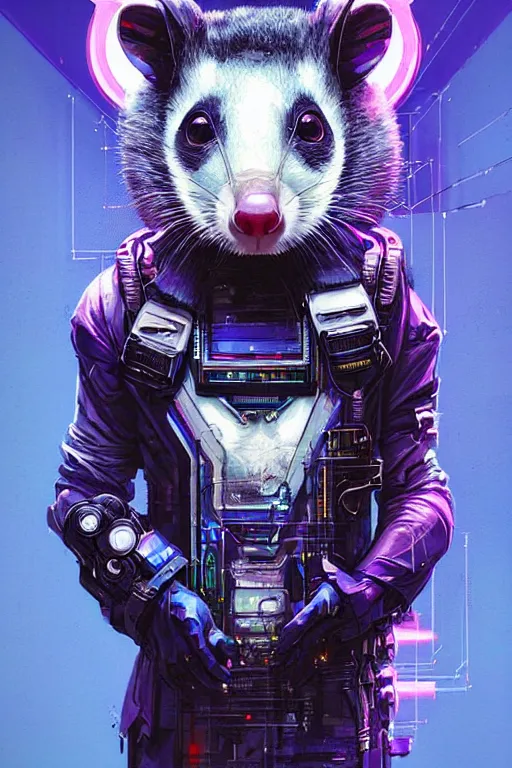 Image similar to a beautiful portrait of a cute cyberpunk opossum by sandra chevrier and greg rutkowski and wlop, purple blue color scheme, high key lighting, volumetric light, digital art, highly detailed, fine detail, intricate, ornate, complex, octane render, unreal engine, photorealistic