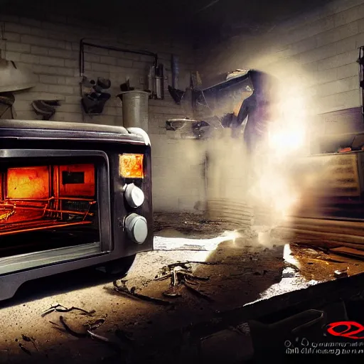 Image similar to cyborg toaster oven repairman, dark messy smoke - filled cluttered workshop, dark, dramatic lighting, orange tint, sparks, plasma rays, cinematic, highly detailed, sci - fi, futuristic, movie still