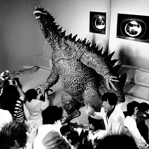 Image similar to extremely realistic toho godzilla partying at studio 5 4 b & w grainy photograph lots of celebrities including very realistic andy warhol