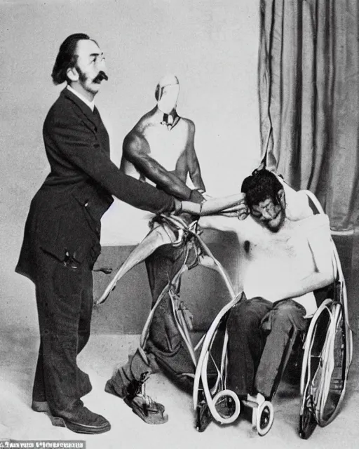 Image similar to Salvador Dali in a wheelchair with a broken leg, his arm in a cast and a black eye being pushed by an orderly who is wearing a T-Shit that says Stable Diffusion Rocks, Photorealistic