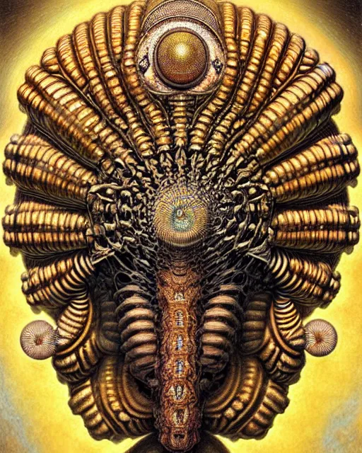 Image similar to hyperrealistic detailed face portrait of the beautiful goddess of the giant isopods with an intricate golden ornamental geometrical fractal giant isopod masked headdress, art by ernst haeckel, john william godward, android jones, h. r. giger, gothic - cyberpunk, ornamental, dimmed pastel colours,