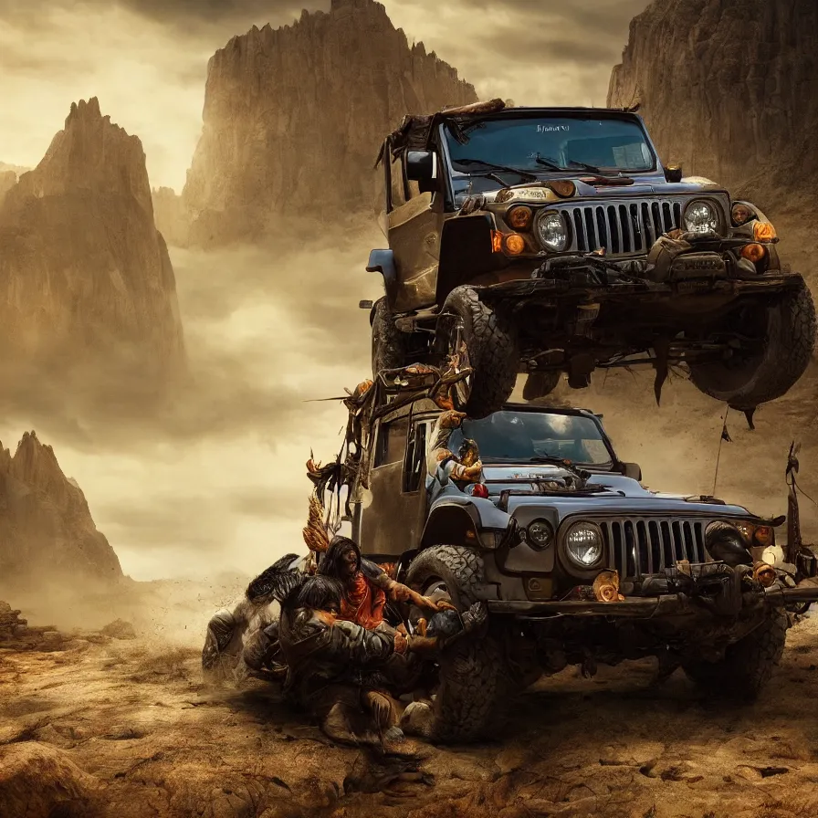 Image similar to Mahindra thar, tribe members attacking, action scene, an epic fantasy, dramatic lighting, cinematic, establishing shot, extremely high detail, photorealistic, cinematic lighting, artstation, by christopher nolan, horizon forbidden west