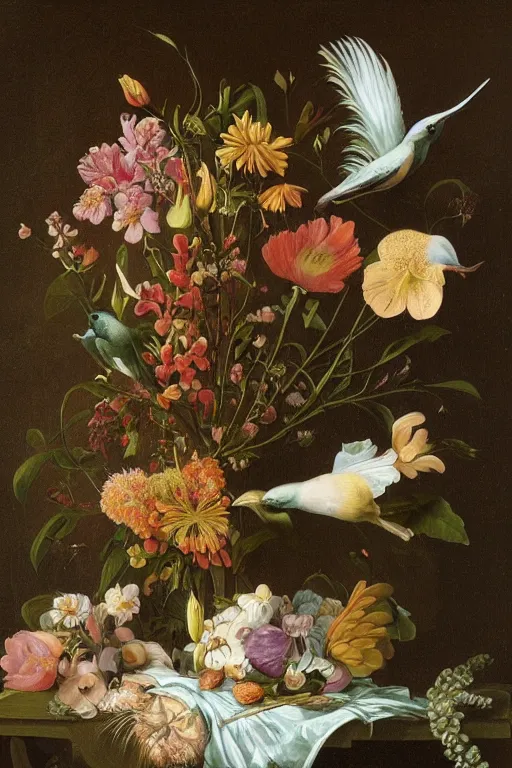 Prompt: painting of paradise birds flowers in a vase on a table, by rachel ruysch, ernst haeckel, audubon, dutch golden age, pop surrealism, biomorphic, made of birds and feathers