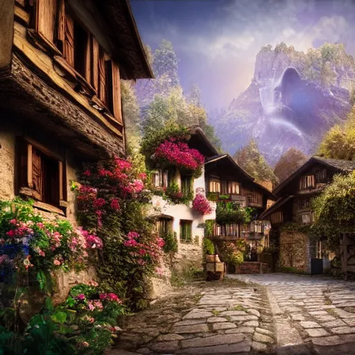 Image similar to a medieval village in switzerland, ornate, beautiful, atmosphere, vibe, flowers, concept art illustration, greg rutowski, volumetric lighting, sunbeams, particles,