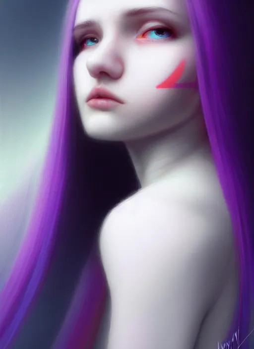 Image similar to hair whitebangs hair, black hair, whitebangs, portrait of teenage girl with white bangs, red irises, purple clothes, white bangs, bangs are different color from hair, intricate, elegant, glowing lights, highly detailed, digital painting, artstation, concept art, smooth, sharp focus, illustration, art by wlop, mars ravelo and greg rutkowski