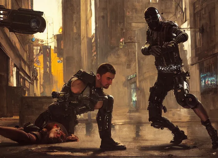 Image similar to Maria evades sgt bob Griggs. Athletic Cyberpunk hacker escaping Menacing Cyberpunk police trooper griggs. (dystopian, police state, Cyberpunk 2077, bladerunner 2049). Iranian orientalist portrait by john william waterhouse and Edwin Longsden Long and Theodore Ralli and Nasreddine Dinet, oil on canvas. Cinematic, vivid colors, hyper realism, realistic proportions, dramatic lighting, high detail 4k