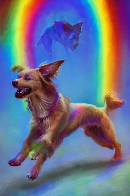 Image similar to a singular beautiful dog running happily towards its owner, ethereal heavenly rainbow bridge in the background behind the dog, tall golden heavenly gates, amazing, stunning artwork, featured on artstation, cgosciety, behance