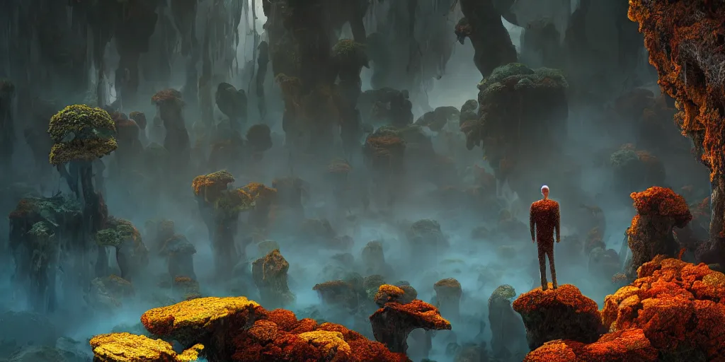 Image similar to Photorealistic intricate detailed levitating man made from colorful fungus tendrils. a gentle rising mist, an epic rocky landscape. occult photorealism, UHD, amazing depth, glowing, golden ratio, 3D octane cycle unreal engine 5, volumetric lighting, cinematic lighting, cgstation artstation concept art