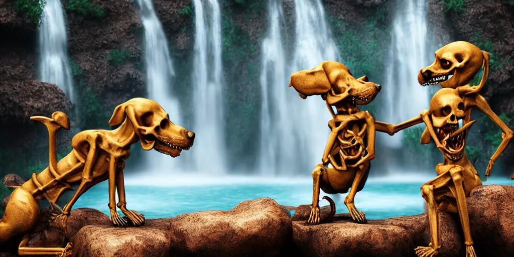 Prompt: 3d renderings of two dog Skeletons fighting in front of a waterfall, infographic for imaginary animals, golden hour, backlit by an alien planet, sharp focus, psychedelic LSD manga, hyper realistic, detailed, octane render