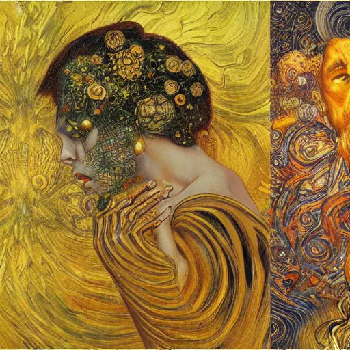 Image similar to Divine Chaos Engine by Karol Bak, Jean Deville, Gustav Klimt, and Vincent Van Gogh, horizontal symmetry, detailed fractals