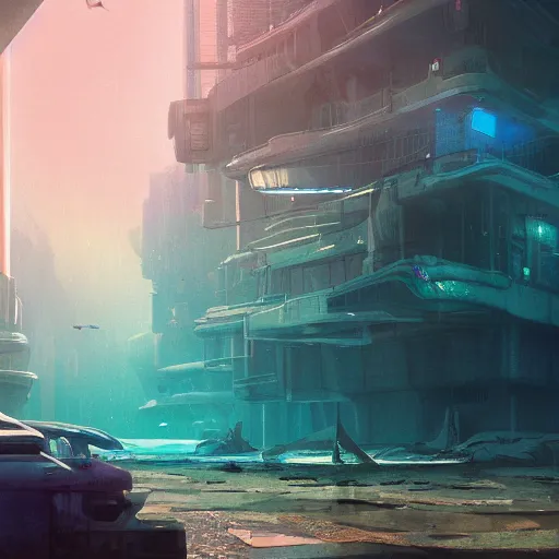 Prompt: A photorealistic illustration of a underwater sunken the city of Otoh Gunga with monuments and altars by makoto shinkai , sunlight pasing through water, sumbarine, blade runner style,cyberpunk vibe, purple color scheme, post apocalyptic retrofuturism, cgsociety