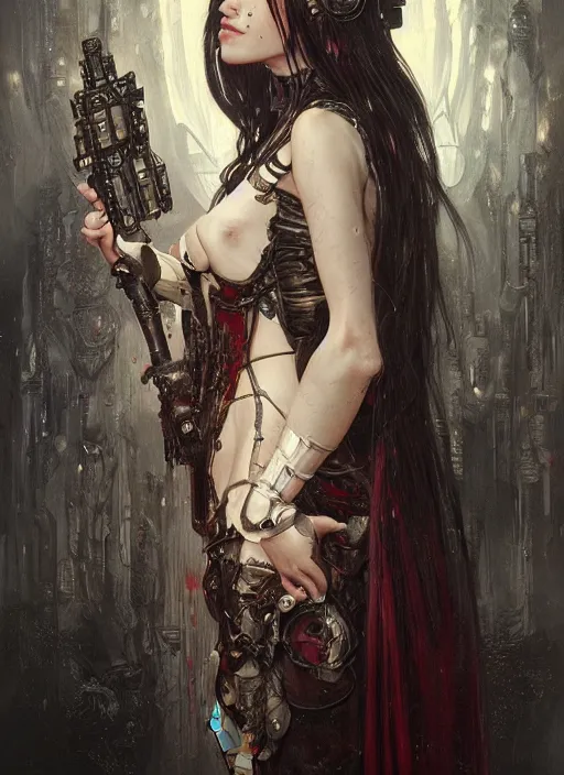 Prompt: portrait of beautiful cute pale gothic maiden covered in blood, warhammer 40000, cyberpunk, intricate, elegant, highly detailed, digital painting, artstation, concept art, smooth, sharp focus, illustration, art by artgerm and greg rutkowski and alphonse mucha and Gustav Klimt