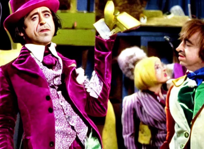 Image similar to film still of Robert Downey Jr as Willy Wonka in Willy Wonka and the Chocolate Factory 1971