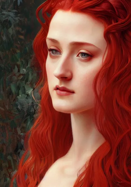 Image similar to portrait of sansa stark with red long hair, intricate, elegant, highly detailed, digital painting, artstation, concept art, smooth, sharp focus, illustration, art by artgerm and greg rutkowski and alphonse mucha and william - adolphe bouguereau