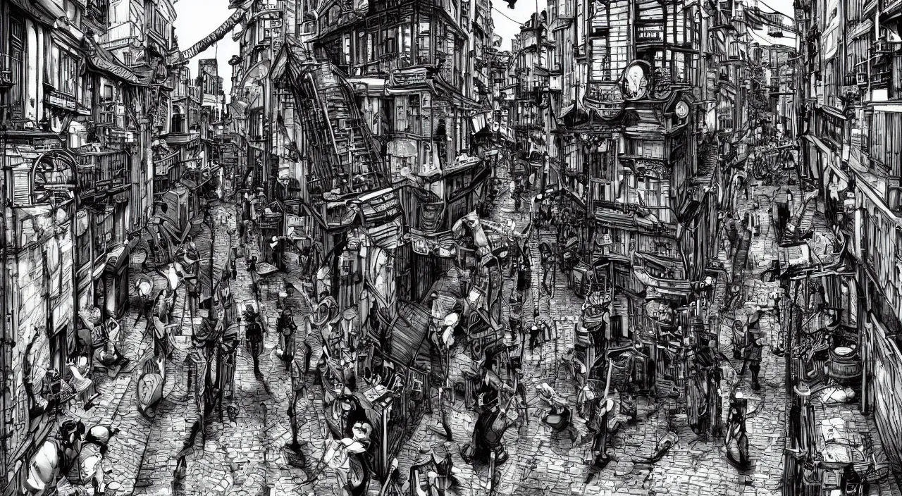 Image similar to steampunk city streets by junji ito, trending on artstation