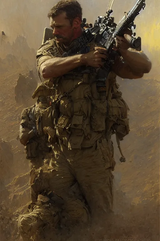 Image similar to decorated navy seal multiple confirmed kills, depressed, highly detailed painting by gaston bussiere, craig mullins, j. c. leyendecker 8 k