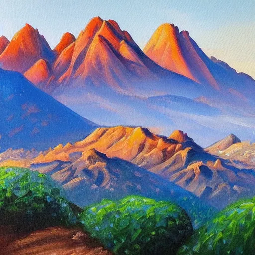 Image similar to this painting is simply stunning. it is a beautiful landscape painting of a desert scene, with mountains in the background and a bright sky. the detail is amazing. it is a truly beautiful painting.