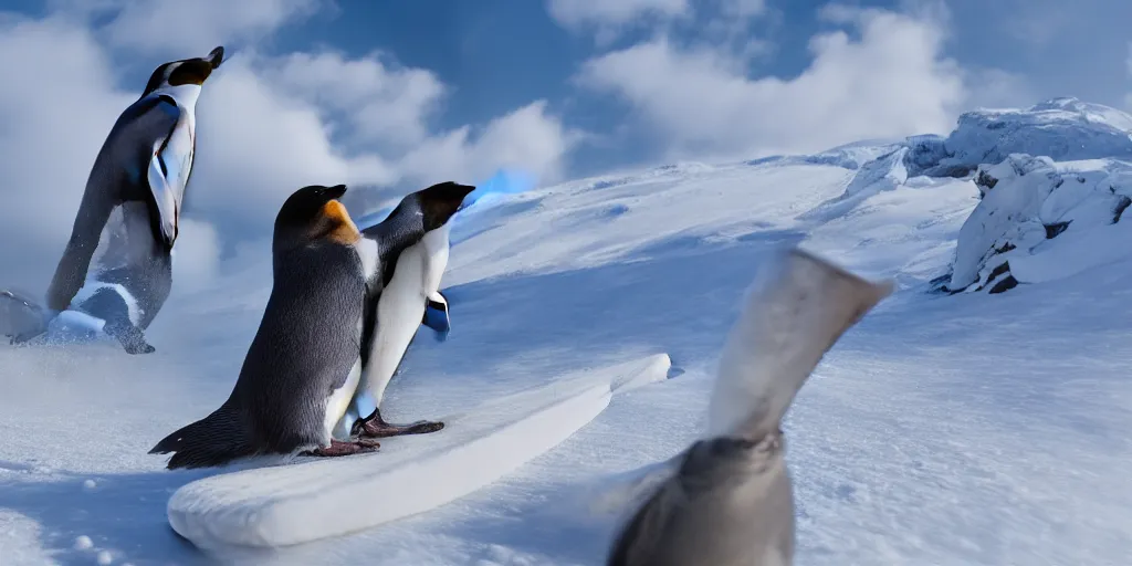 Image similar to ultrawide angle, high speed sporting photography of a penguin on a snowboard. extremely detailed, 8 k