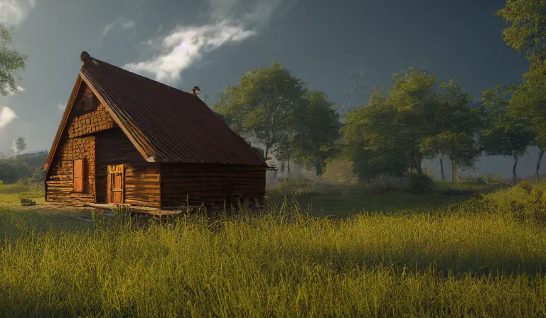 Prompt: A serene landscape with a singular building in the style of Unreal Engine 5, extremely realistic, 8k, volumetric light, insane details, complementary colors.