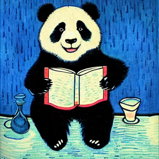 Prompt: a cute panda is reading, blue background, drawn by van gogh