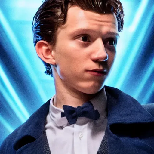 Image similar to tom holland as a rough dirty old man with a scruffy beard in a dark blue trenchcoat as the new doctor who, cinematic, volumetric lighting, f 8 aperture, cinematic eastman 5 3 8 4 film, photorealistic