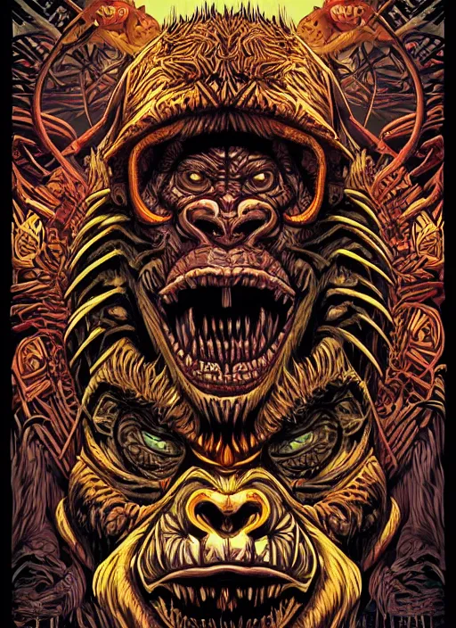 Prompt: barong family member, wiwek, mara demon, lizard tongue, one single tribe member, jungle, one single mask, dark, ancient warrior, gorilla, tribals, art by dan mumford and justin gerard