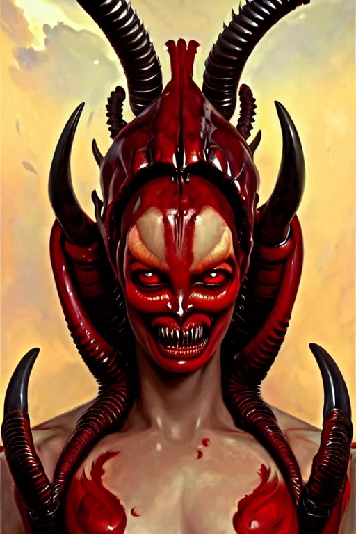 Image similar to painted close - up portrait of a very attractive red - skinned intimidating demon xenomorph queen with ram horns! oil painting, wearing a noblewoman's outfit, fantasy art by john singer sargent and gaston bussiere and james jean and greg rutkowski, demon noble character design, hd