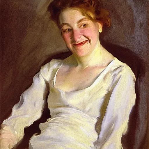 Image similar to portrait of a woman so happy, her face hurts, by john singer sargent