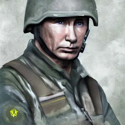 Prompt: putin with firearms, fighting in trenches somewhere in ukraine, highly detailed digital painting