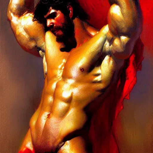 Prompt: greek god, muscular, red and gold, detailed face, thighs, painting by Gaston Bussiere, Craig Mullins