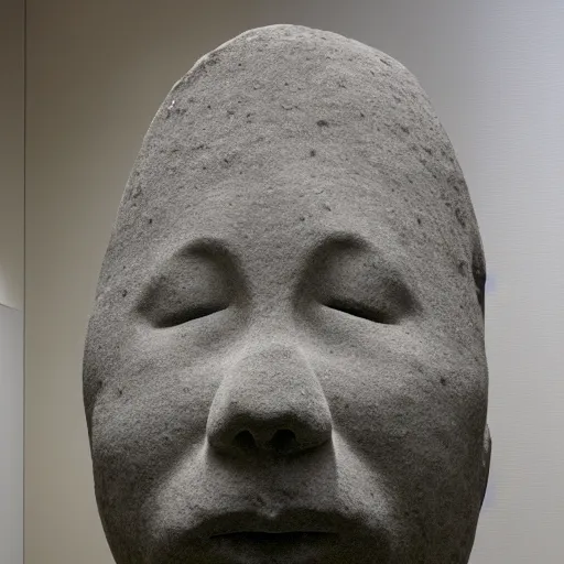 Image similar to by cerith wyn evans placid. a computer art of a large granite boulder carved to resemble a human face. the nose is slightly upturned, & the eyes & mouth are closed.