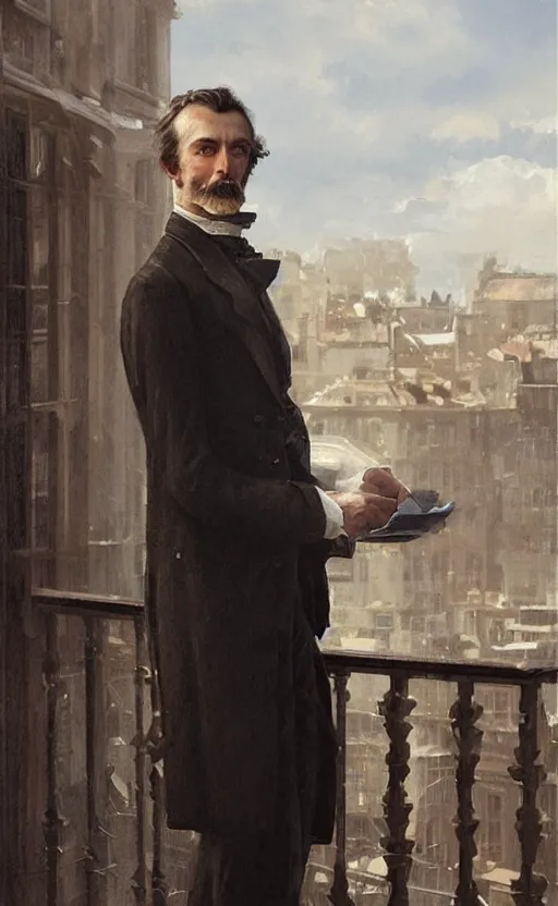 Prompt: Portrait of a victorian gentleman standing on a balcony, male, detailed face, 19th century, highly detailed, cinematic lighting, digital art painting by greg rutkowski