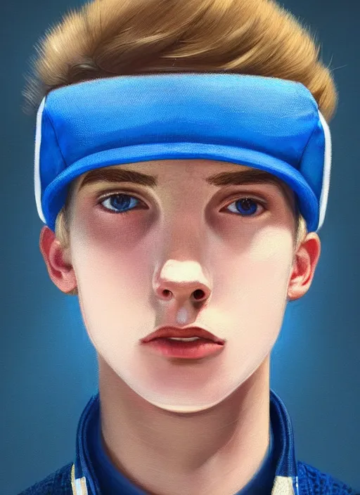 Image similar to portrait of a teenage boy named moose mason, blonde short hair, jock, beefy, square jaw, square facial structure, 1 9 5 0 s, blue varsity jacket, intricate, elegant, glowing lights, highly detailed, digital painting, artstation, concept art, smooth, sharp focus, illustration, art by wlop, mars ravelo and greg rutkowski