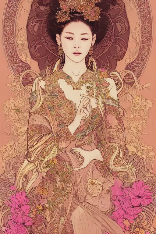 Image similar to beautiful and detailed digital illustration of thai princess by kittichai rueangchaichan, floralpunk, Artstation, art nouveau aesthetic, Alphonse Mucha background, intricate details,concept art, realistic, dramatic, detailed intricate ink illustration, heavenly atmosphere