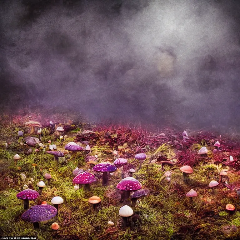 Image similar to a planet of various fungus, mushrooms, flowers and plants, inside the picture is infinity, Atmospheric, artistic photography, conceptual, long exposure outside the city, volumetric light