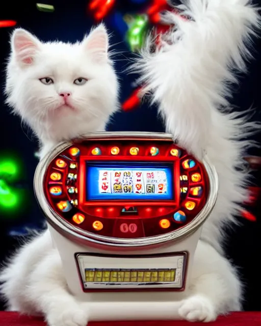 Prompt: a cute fluffy white cat winning slot machine jackpot in cat casino