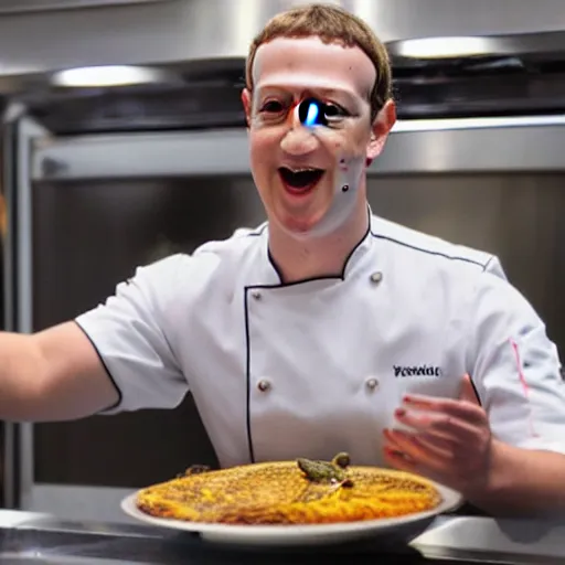 Image similar to mark zuckerberg as a chef offering you a live frog on a plate