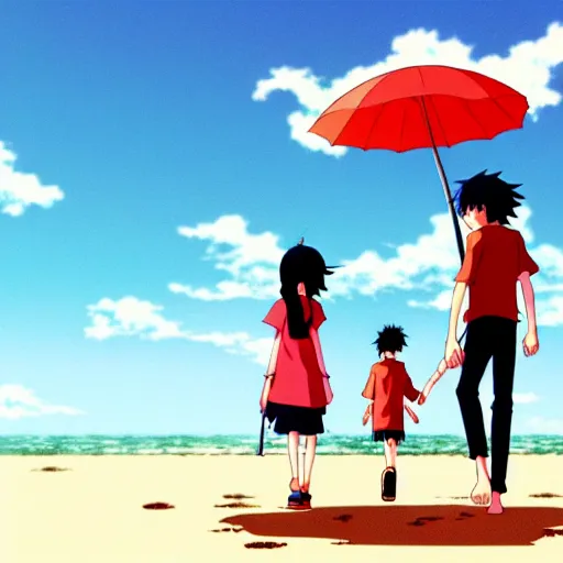 Prompt: anime girl and boy walking together on the Beach, Rain, umbrella, by makoto shinkai, Studio Ghibli, anime wallpaper, illustration, 4k Wallpaper, flat colors