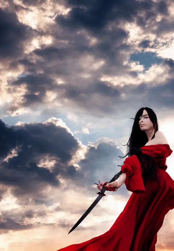 Prompt: a lone beautiful fierce long black haired woman wearing red dress wielding black longsword posing heroically, heavenly sunlit clouds background, close up shot