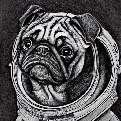 Image similar to pencil art, golden - ratio, spirals, highly detailed, astronaut pug in outer space by davinci.