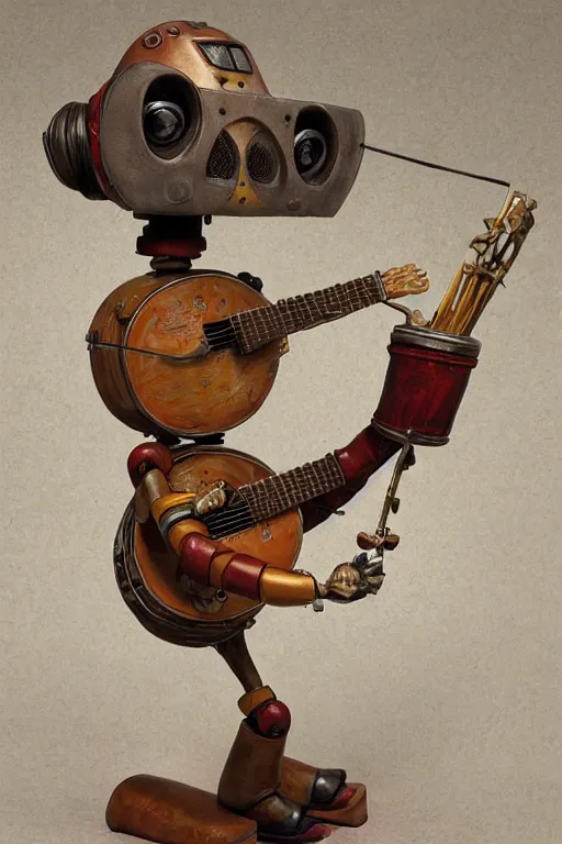 Prompt: glazed ceramic sculpture of a country bumpkin robot playing a banjo, straw in his mouth, standing on a speaker, fantasy, mystical, high detail, cyberpunk, style of michael cheval, hyper realistic, s, 8 k