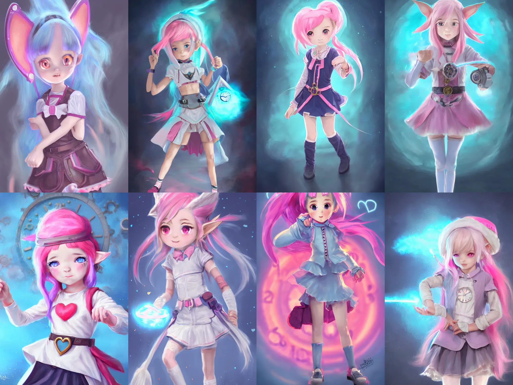 Prompt: Time traveler, small loli girl, with pointy elf ears, detailed face, light-blue eyes, cotton candy-like pink hair with low heart-shaped drills, wearing time traveler outfit clock-style steampunk design, in a fighting stance, digital painting, artstation, concept art, soft light, hdri, smooth, sharp focus, illustration, Mihoyo, Visual Novel Sprite
