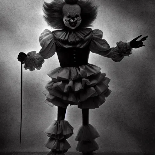 Image similar to Creepy full body shot of Pennywise the clown, old photo, grayscale