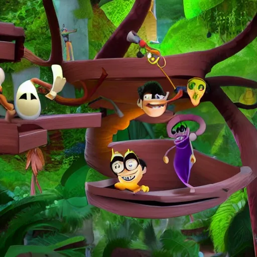 Prompt: fanboy & chum chum 3 d scene hanging out with a monkey, in a tree house, accurate characters 4 k highly detailed