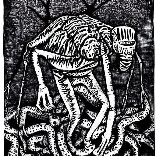 Prompt: a black and white drawing of a creepy creature, a woodcut by david wojnarowicz, deviantart, gothic art, made of insects, grotesque, demonic photograph