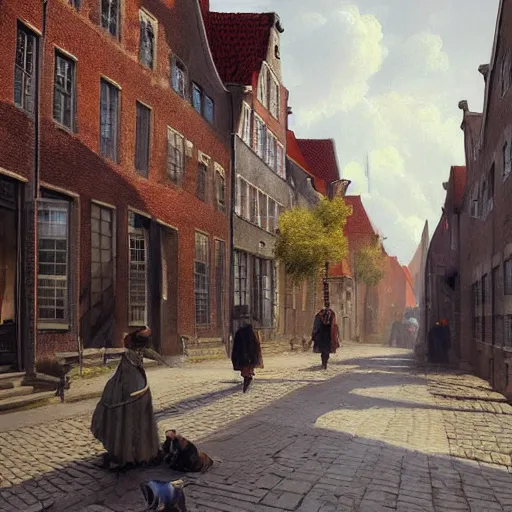 Image similar to a beautiful painting of a street of copenhagen by greg rutkowski and johannes vermeer trending on artstation