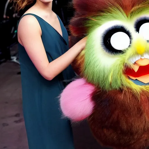 Prompt: Emma Watson stuffing Furby into blender