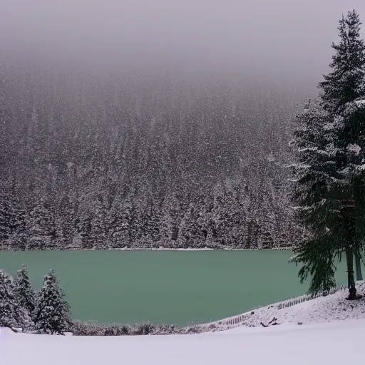 Prompt: A crystalized lake in winter while it is snowing. Muted colors, 8k.